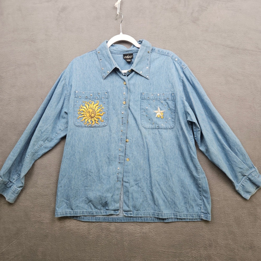 Vintage Chic Celestial Sun Moon Denim Shirt Stars Embroidered Cottagecore Size L
